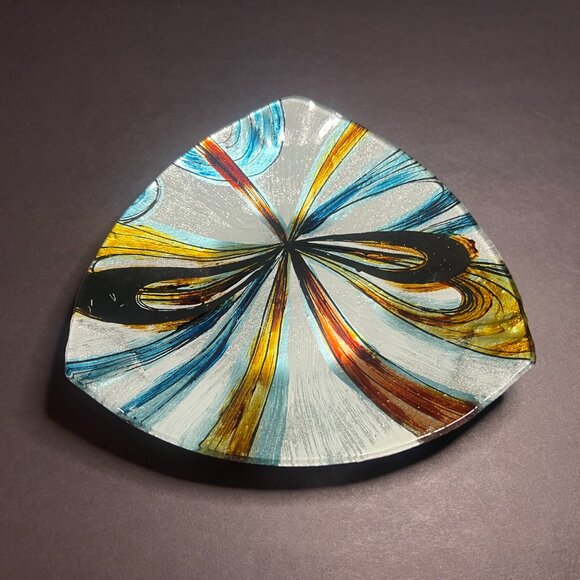 Metallic Quadrifoglio Abstract Art Glass Triangular Trinket Candy Dish Bowl 7.5" - Picture 2 of 6